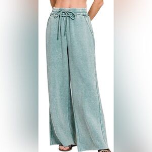 Zenana Acid Washed Teal/Light Blue Wide Leg Pants